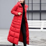 Baberdicy Women's Long Quilted down Coat, Hooded Maxi Puffer Jacket with Belt, Thick Warm Knee-Length Winter Jacket, Long Belted Puffer, Knee-Length down Alternative, Winter Parka, Red, L