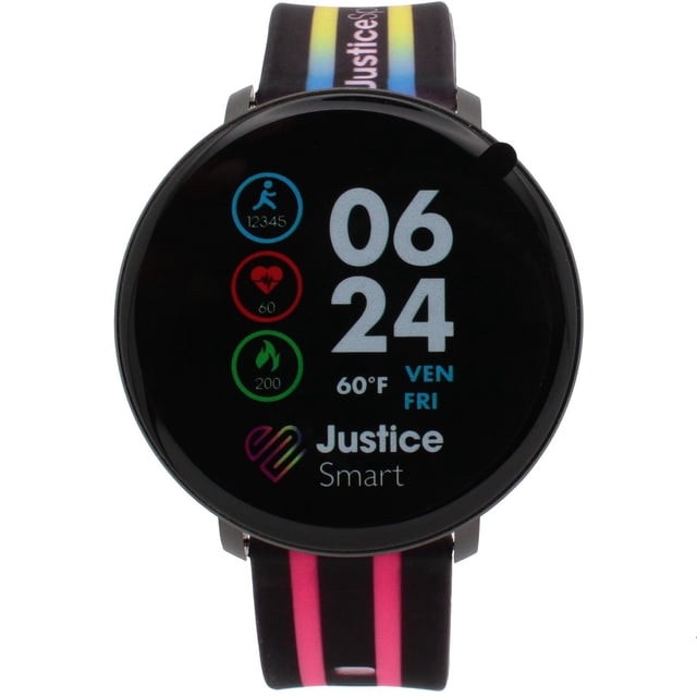 Justice Smart Girls’ Activity Watch – Black Strap with Neon Rainbow Accents