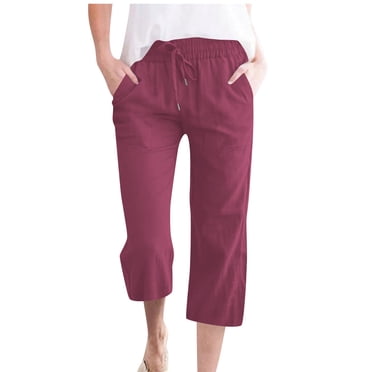 biudgviw Capri Pants for Women Plus Size Elastic High Waisted Straight Leg Cropped Cotton Linen Pants Summer Casual Trousers with Pockets
