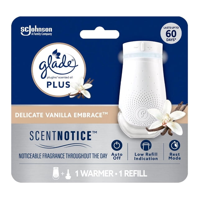 Glade Plugins® Plus Air Freshener Oil Delicate Vanilla Embrace with white plug-in warmer and refill, featuring smart light technology, auto shut-off, low refill indicator, and rest mode for energy and fragrance saving, displayed on blue and silver packaging with vanilla flower accents