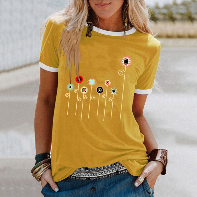 EGNMCR T-Shirts pour Femmes Femme Couleur Imprimé de Fleurs Manches Courtes Col Rond Décontracté Hauts Amples Manches Courtes
