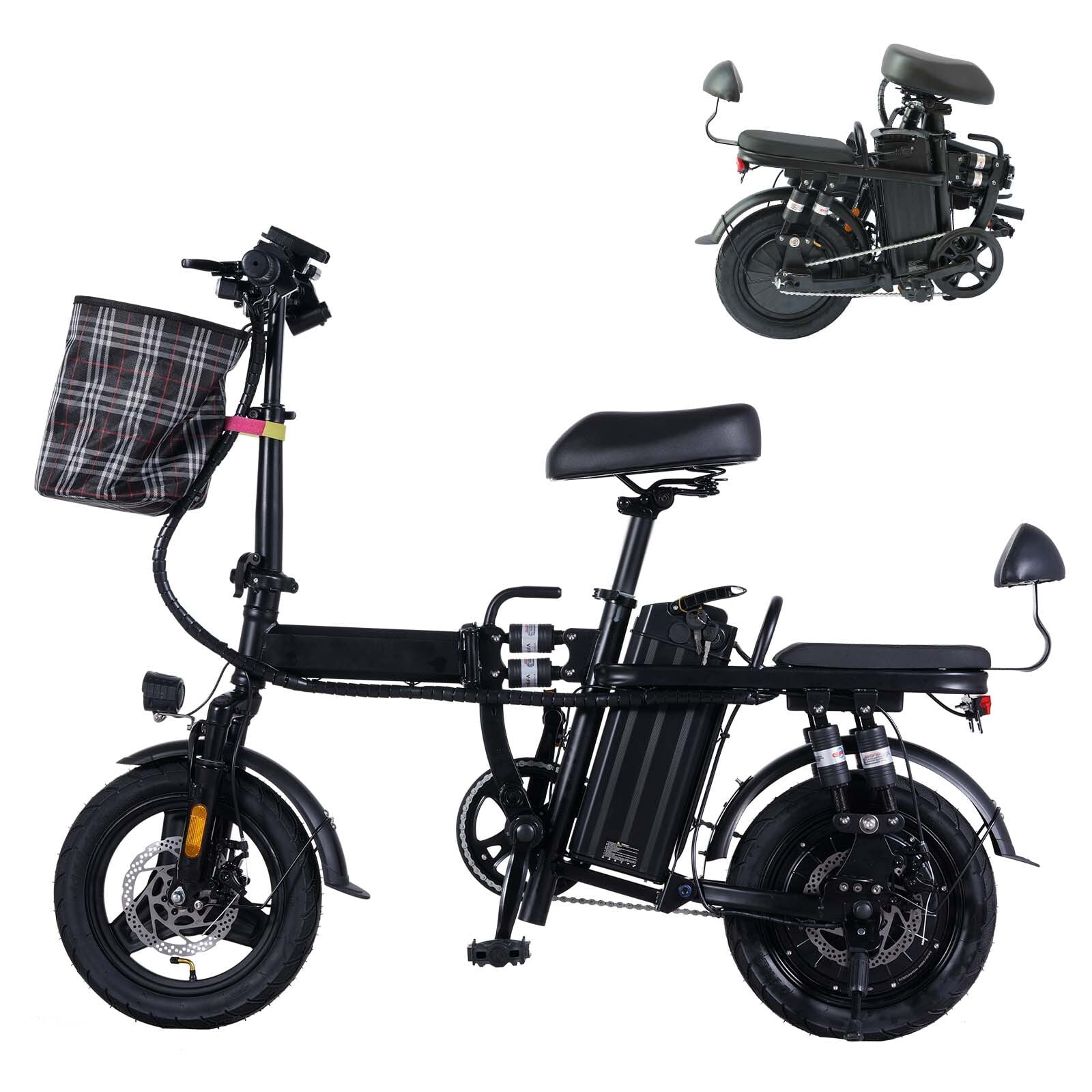 14" Folding Electric Bike with front basket 500W Peak 750W up to 20Mph 50Miles LCD 48V15Ah with Removable Battery for Adult Black