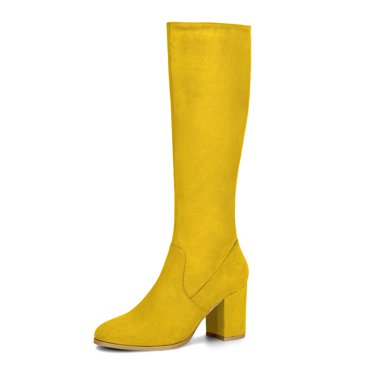 Unique Bargains Women's Side Zipper Chunky Heel Knee High Boots Yellow US 6