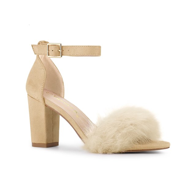 BLISSFUL STEP Women's Faux Fur Ankle Strap Block Heel Open Toe Sandals Beige 6