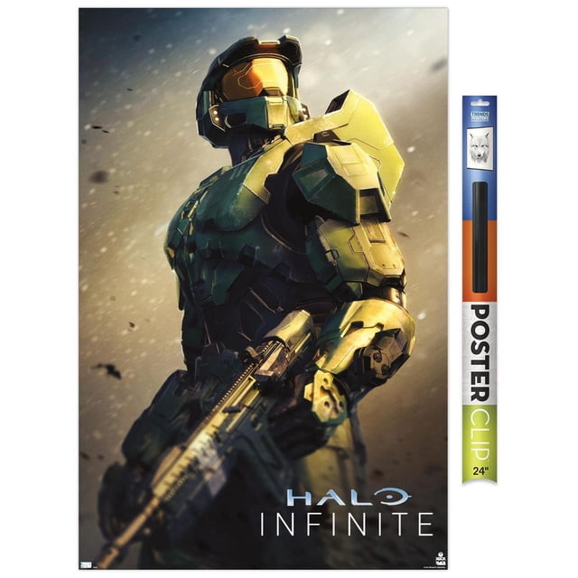 Halo Infinite - Become Wall Poster, 22.375" x 34" framed, depicting Master Chief in green armor holding a rifle in a centered, front-facing view against a blurred dusty background with the Halo Infinite logo; ideal for bedroom, office, or gaming room wall decor.
