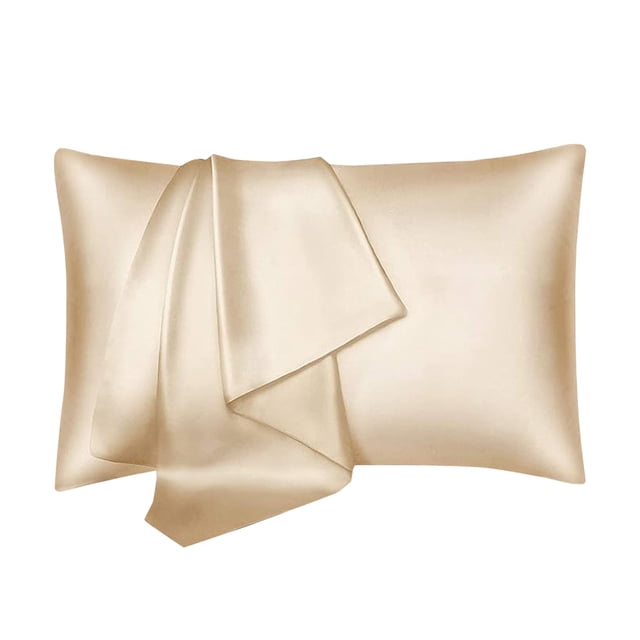 Satin Silk Pillowcase For Hair And Skin Pillow Cases Standard Size Set Of 1 Pack Super Soft Pillow Case With Envelope Closure by Czzoypi. The image shows a beige satin pillowcase with a smooth, lustrous finish, draped elegantly to highlight its soft texture. Made of 100% polyester satin, it is designed to reduce friction on hair and skin, helping to prevent wrinkles and hair breakage. The pillowcase features an envelope closure for a secure fit and measures 63x43 cm. Ideal for maintaining shiny hair and promoting a comfortable, cool sleep.