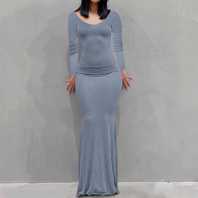 EQWLJWE Robes Moulantes pour Femmes Élégantes Col Rond Ajusté Manches Longues Aguichant sous-Couche Robe Nuisette