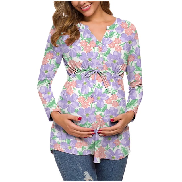 Hinvhai Hauts de Maternité pour Femmes en Liquidation Manches Courtes Col Rond Plis devant Tunique à Basque Haut Grossesse Chandails Violet 10(TG)