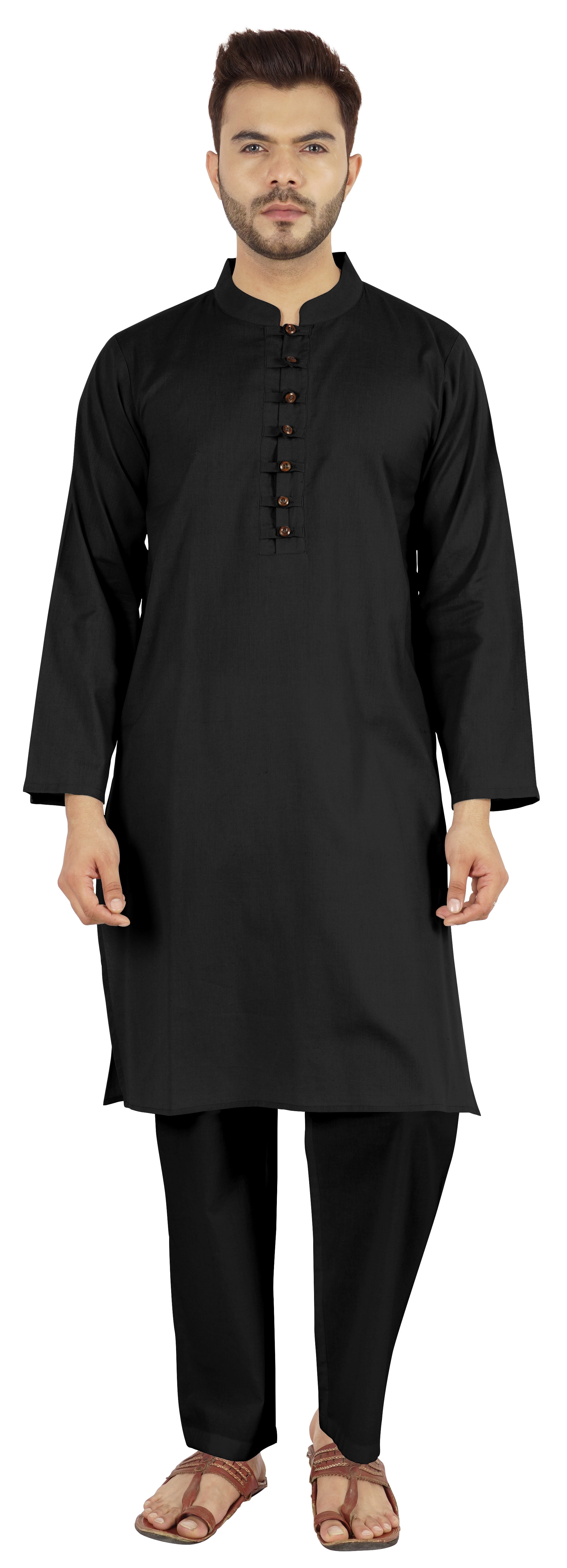 Atasi Indian Mens 2 Piece Kurta Pajama Set Henley NeckCasual Long Kurta