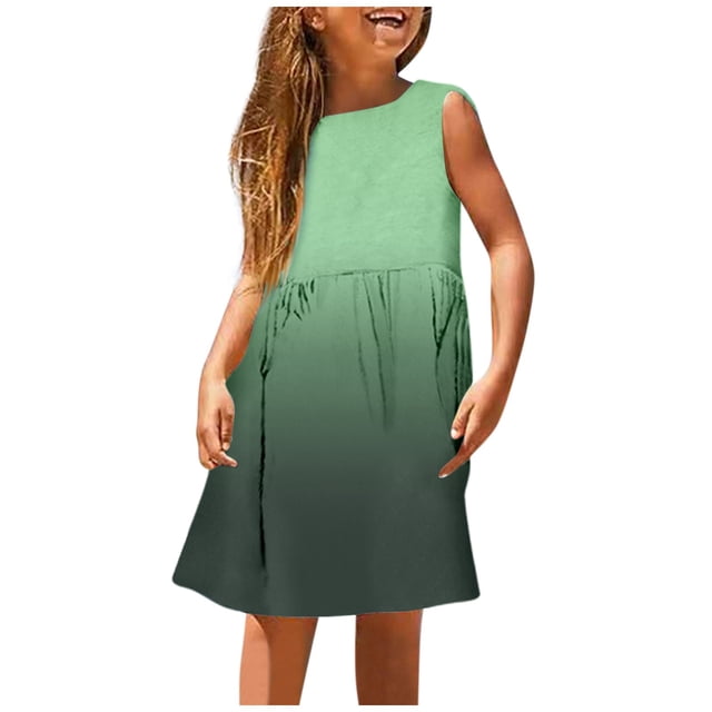 FhsagQ Robes Filles Été Sans Manches Robe Ligne Confort Col Rond Décontractée avec Imprimé Dégradé pour Tout-Petits Enfants Plage Extérieur Fille Printemps le 7 Juillet Robes Taille 6-7 Printemps Vert 3-4 Ans