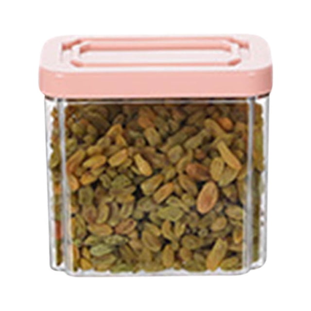 Zanvin Grain Storage Tank, a tall airtight food storage container with a pink lid and clear BPA-free plastic body, filled with dried raisins. Suitable for storing cereal, flour, sugar, pasta, and more, with a silicone sealing loop for prolonged freshness. Ideal for kitchen pantry organization and countertop display.