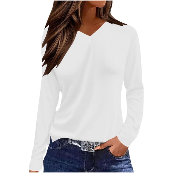 SROBPTY Womens Long Sleeve Shirts, Women's Spring V-neck Solid Color Long Sleeve Sunscreen Casual Top T-shirt White, XL
