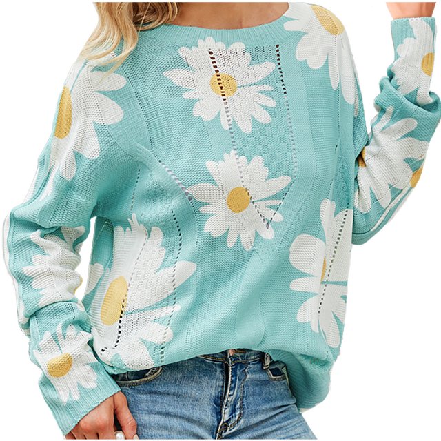 Chandail Décontracté Long à Manches Longues pour Femmes, Mode, Imprimé Marguerites, Coupe Ample, Chandail à Manches Longues