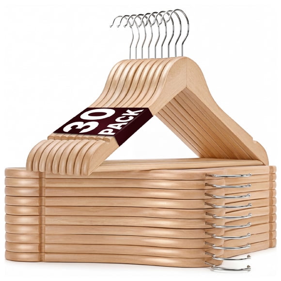 Beddora Wooden Hangers 30 pack, Natural Wood Heavy Duty Clothes Hangers with Non-Slip Finish & Swivel Hooks, Space Saving Closet Organizer