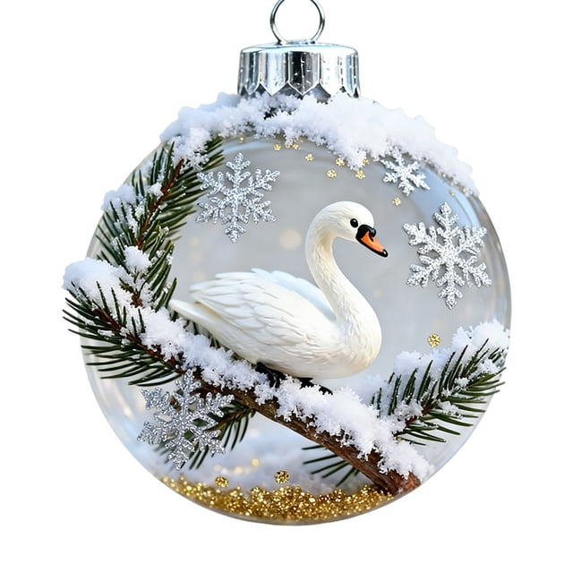 2D Acrylic Animal Themed Christmas Tree Decorations Set Shatterproof Ornaments For Home And Holiday Festive. The image shows a clear acrylic ornament featuring a detailed swan design surrounded by snow-covered pine branches, glitter accents, and snowflake patterns. Made from shatterproof acrylic, this lightweight decoration is ideal for Christmas trees, windows, or garlands. Designed for festive and versatile use, it adds a playful and elegant touch to holiday decor.
