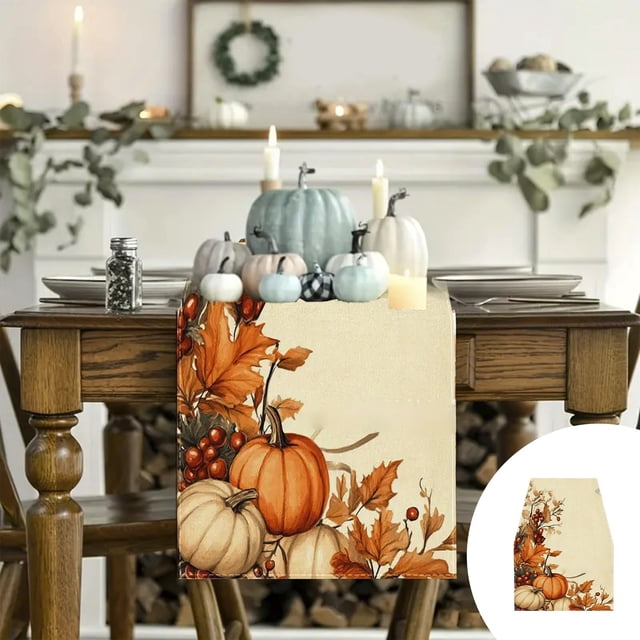 EGNMCR 13x72 Inch Fall Table Runner Thanksgiving Harvests Table Runner Autumns Pumpkin Maple Leaf Runners For Home Kitchen Dining Party Decoration Polyester Tables Runner