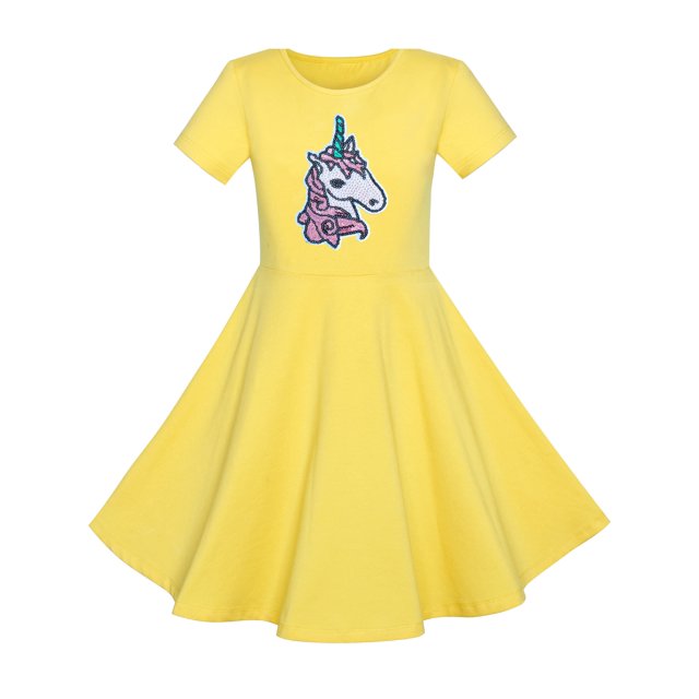 Robe Fille Coton Jaune Unicorn à Paillettes Manches Courtes Décontractée 4 Ans