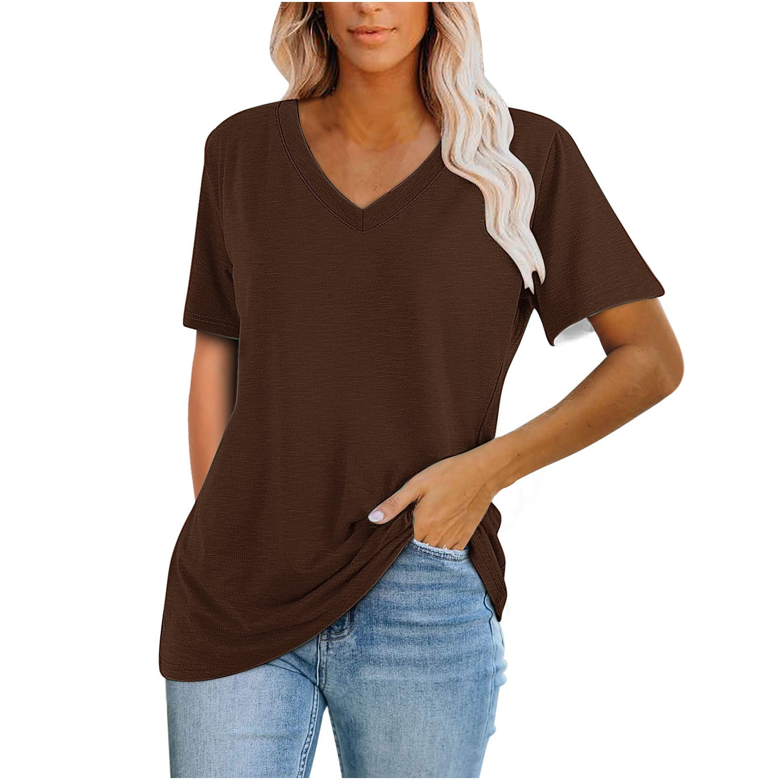 Timegard Womens Summer Tops Short Sleeve V-Neck Solid Color Comfy Basic Tee Casual Loose Shirts Tops Blouse
