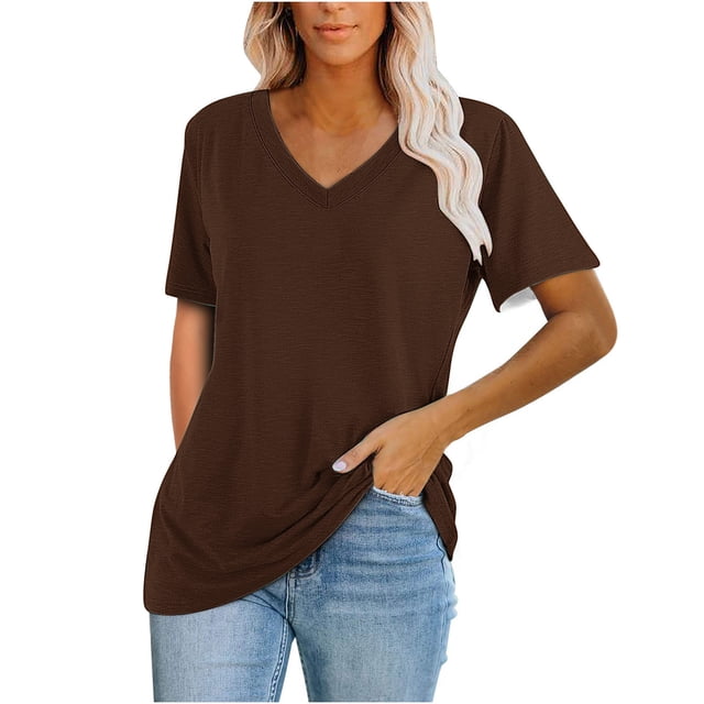 Timegard Womens Summer Tops Short Sleeve V-Neck Solid Color Comfy Basic Tee Casual Loose Shirts Tops Blouse