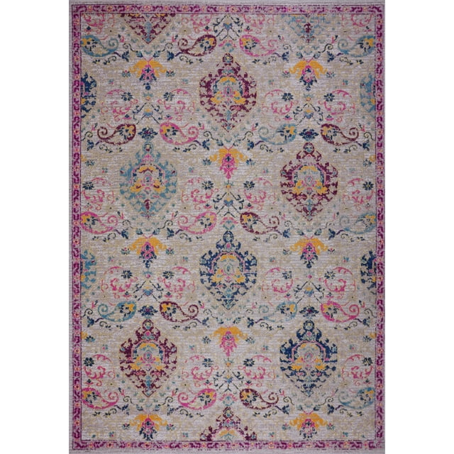 Katrina Beige Cream Traditional Indoor/Outdoor Area Rug measuring 7'10" x 10'5". This outdoor area rug features a medium-low pile with a beige and cream base adorned with intricate multicolored floral and medallion patterns in pink, blue, yellow, and burgundy tones. Designed for outdoor use, it is durable, stain-resistant, and colorfast, making it suitable for patios or indoor spaces. Manufactured by LaDole Rugs.