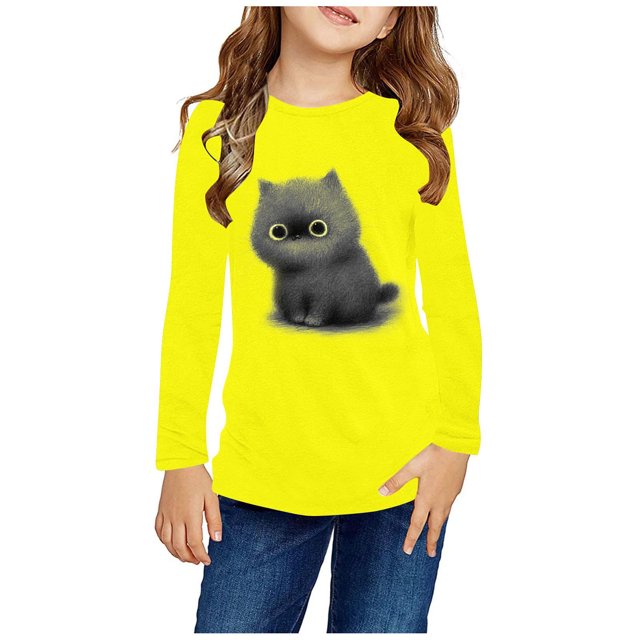 RXIRUCGD Chemises à Manches Longues pour Filles, Col Rond Mignon, Blouses Décontractées Élégantes (Jaune, Taille : 13 Ans)