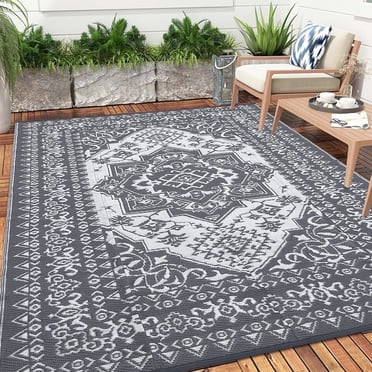 Garvee Outdoor Rug 9'x12' Waterproof Reversible Plastic Straw Rug, Indoor Outdoor Rug for Patio RV Camping Balcony Deck Backyard, Grey & White