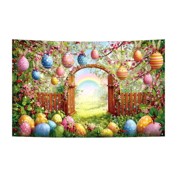 Easter Party Backdrop with Egg and Bunny Designs | Indoor Outdoor Holiday Decor & Photo Prop for Family Celebrations | Vinyl Material Waterproof Easy to Clean