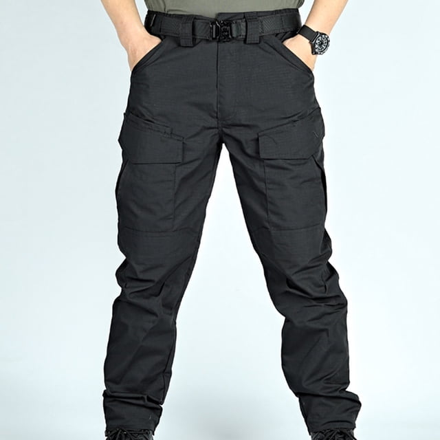 Amzcrzy Cargo Pants for Men in black, designed with multiple pockets for practicality. Made from a durable polyester and cotton blend, these men's cargo trousers are ideal for work wear, outdoor activities, and casual occasions. Tailored for comfort and versatility.