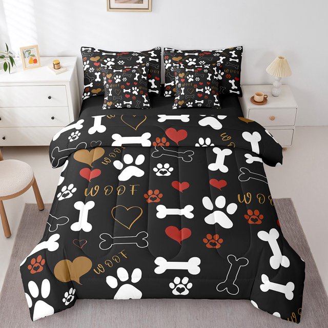 YST Dog Paws Print 7-Piece Animal Theme Comforter Set, Cartoon Bone Bedding for Kids, Queen