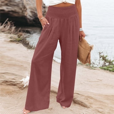 TIMIFIS Wide Leg Pants for Women Casual Elastic High Waist Smocked Palazzo Lounge Pants Yoga Sweatpants Comfy Sports Athletic Lounge Pants-Wine-XXLFall