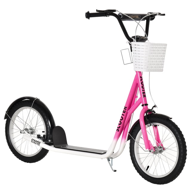 Aosom Kick Scooter for kids, featuring a pink and black steel frame with an adjustable handlebar. It includes a wide textured foot deck, dual braking system, and large inflatable rubber wheels with thick treads for a smooth ride. The scooter is equipped with a white plastic basket and a metal cup holder for convenience, as well as mud flaps and a kickstand. Suitable for children aged 5-12 years, with a maximum weight capacity of 220 lbs.