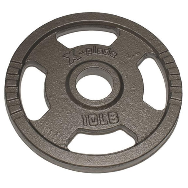 Progression Fitness X-Plode Olympic Weight Plate Hammertone 10lb featuring a dark grey cast iron weight plate with three ergonomic grip handles and a textured hammertone finish, embossed with 'X-plode' and '10LB' markings for balanced strength training.