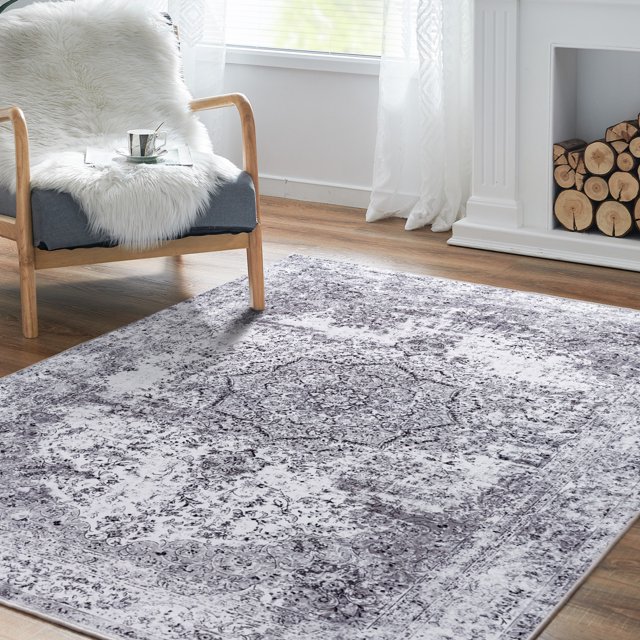 Rugking Area Rug 3x5 Foldable Grey Rug Floral Printed Distressed Carpet Vintage Traditional Indoor Mat for Bedroom Living Room