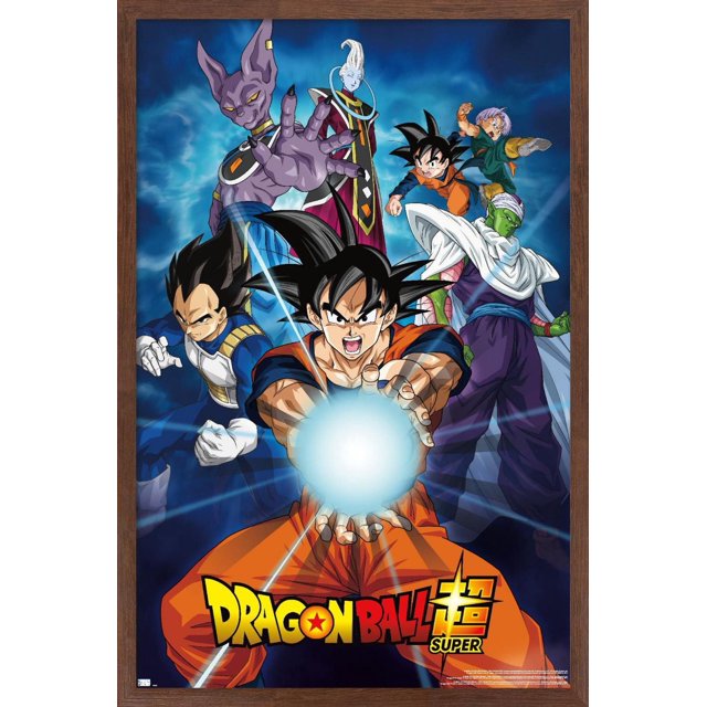 Dragon Ball Super - Affiche Murale de Groupe, 22,375 Po x 34 Po Encadrée Mettant en Vedette des Personnages d'Anime Goku en gi orange Exécutant une Explosion d'Énergie, Vegeta en Armure Bleue et Blanche, Piccolo en Violet avec cape Blanche, Trunks en Vert, Beerus la Divinité Violette, et Whis en robes Rouges, sur un Fond d'Énergie Bleue avec le logo Dragon Ball Super au Bas, Convient pour Décorer des Pièces à Thème anime Ou des Espaces pour Fans.