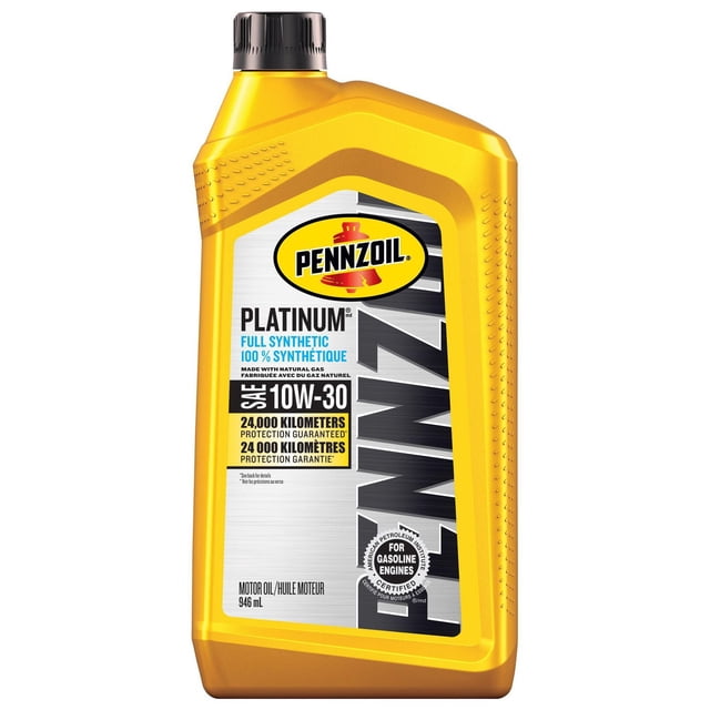 Pennzoil Platinum 10W-30 946ML motor oil in yellow plastic container with black cap, featuring full synthetic formula, 24,000 kilometers protection guarantee, certified for gasoline engines, suitable for severe driving conditions and enhanced piston cleanliness.