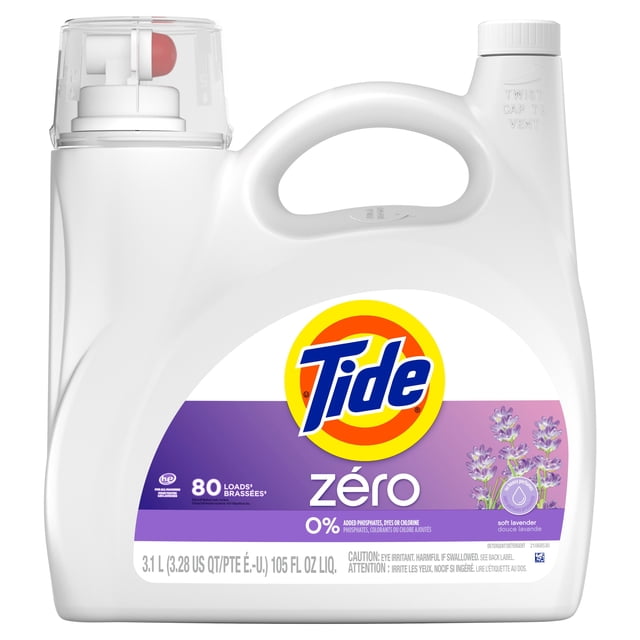 Tide Zero Liquid Laundry Detergent Soft Lavender Scent in a white 3.1 L jug with a clear measuring cap, featuring CleanScent Technology and EPA Safer Choice certification, designed for 80 loads, free of added phosphates, dyes, or chlorine, suitable for safely freshening fabrics.