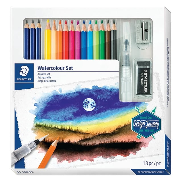 Staedtler Watercolour Pencil Set including 12 bright hexagonal watercolour pencils, 3 Mars Lumograph sketch pencils (4B, 6B, 8B), water brush, metal sharpener, and art eraser in a white box with a watercolor night landscape featuring a moon, suitable for dry and wet drawing techniques.