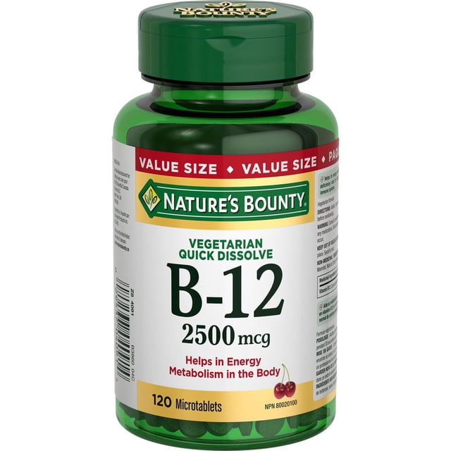 NATURE'S BOUNTY Supplément de Vitamine B-12, 2500 mcg, Comprimés à Dissolution Rapide, Saveur Naturelle de Cerise, Aide au Métabolisme Énergétique, Essentielle à la Formation Normale des Cellules Sanguines, 120