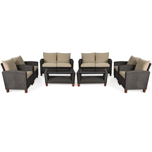 Costway 8PCS Patio Rattan Furniture Set Solid Wood Leg Cushioned Sofa Garden Lawn