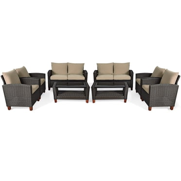Costway 8PCS Patio Rattan Furniture Set Solid Wood Leg Cushioned Sofa Garden Lawn
