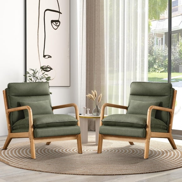 Bonzy Home Fauteuil d'Appoint Mi-Siècle Moderne, Ensemble de 2, Fauteuil Confortable avec Coussin de Soutien Lombaire, Fauteuils Rembourrés en Tissu avec Cadre en Bois Massif pour Salon, Chambre, Vert