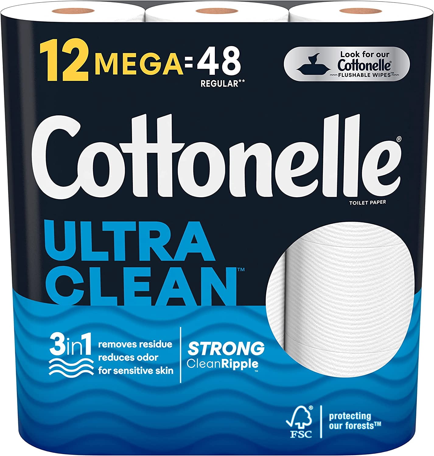 Cottonelle Ultra Clean Toilet Paper, Strong Bath Tissue, 12 Mega Rolls (Equals 48 Regular Rolls)