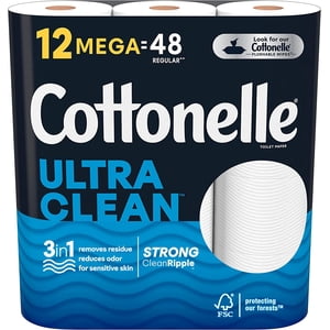 Cottonelle Ultra Papier hygiénique propre, Tissu de bain fort, 12 Mega Rolls (Equals) 48 Roulements réguliers)