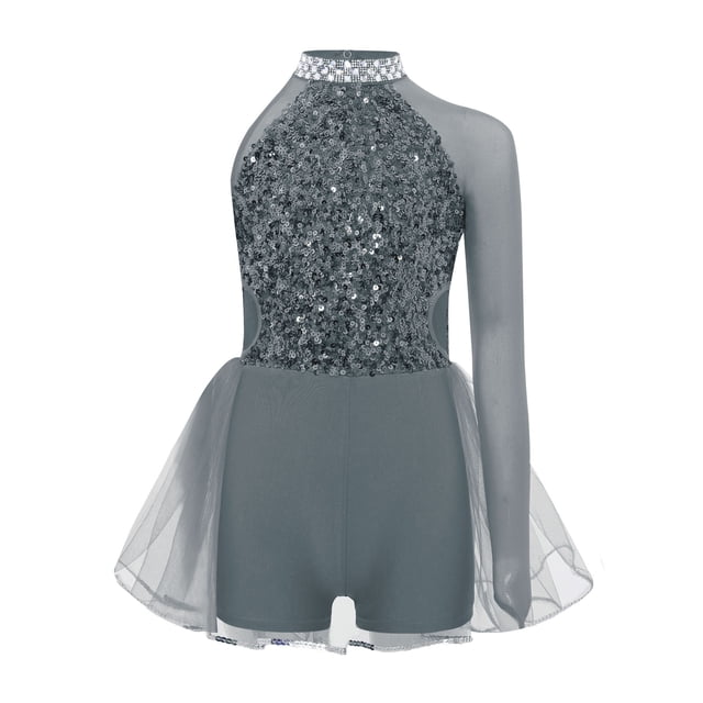 TTAO Robe Justaucorps de Danse Jazz à Paillettes pour Filles, Manches Longues, avec Strass, Tutu de Danse, Gris 12