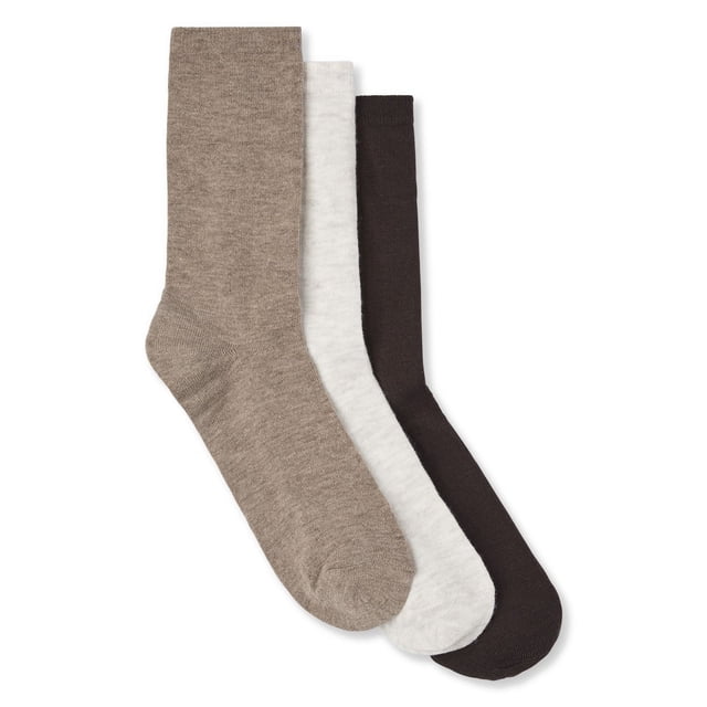 George Women's Crew Socks 3-Pack featuring three pairs of casual crew socks in beige, light grey, and dark brown, made from 98% polyester and 2% spandex, suitable for everyday wear and machine washable, displayed flat on a white background.