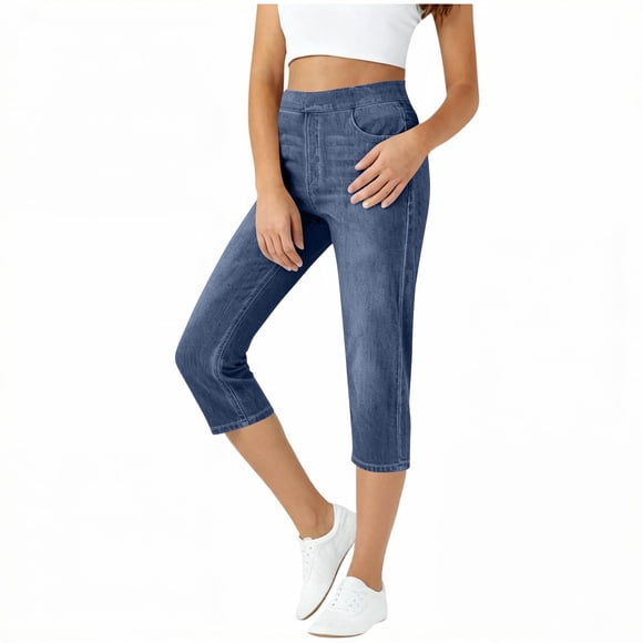 SZJXBUY Denim Capri Jeans for Women Summer Casual Elastic Waist Pull on Pants Stretch Straight Leg Cropped Jean Pant with Pockets Dark Blue,XL