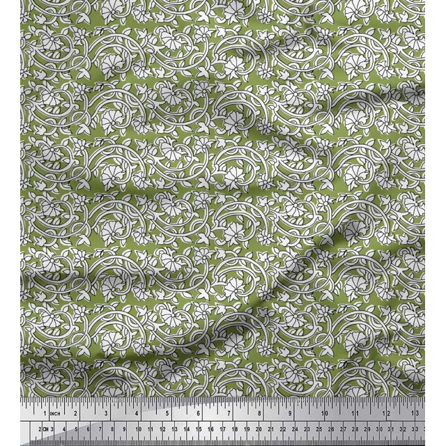 Soimoi Rayon Fabric Leaves & Floral Block Printed Fabric 1 Yard 56 Inch Wide