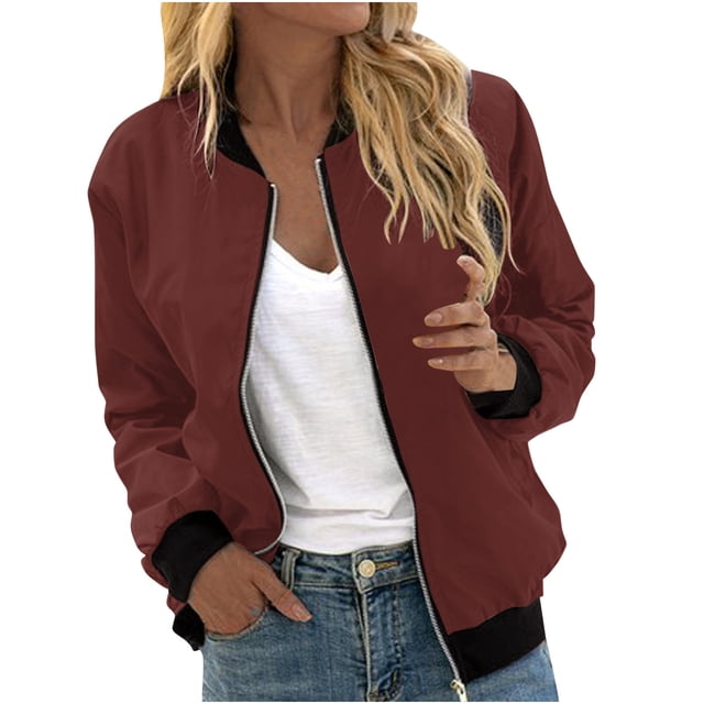 Womens Fashion Jacket Casual Stand Collar Zip Up Lightweight Coat Fall Color Block Jackets with Pockets Wine S