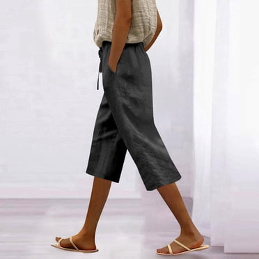 Weiqiqre Capri Pants for Women Cotton Linen Drawstring Elastic Waist Loose Wide Leg Cropped Pants with Pockets