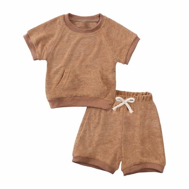 Cameland Ensemble d'Été pour Tout-Petits Enfants Bébés Garçons Décontracté Coton Uni Crêpe Gaze T-shirt Manches Courtes Ensemble de Shorts